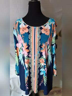JM Collection Womens P/XL  Navy Floral Tunic with Coral, Aqua & Mint Accents